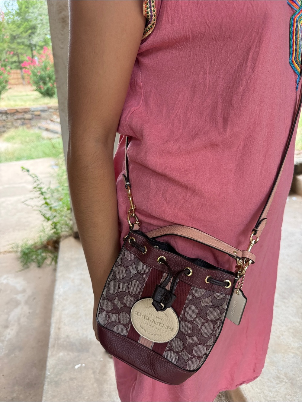 Coach Burgundy Signature Stripe Drawstring Crossbody with Cream Medallion - Picture 10 of 12